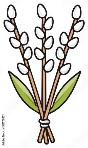 Illustration of a charming Easter pussy willow bouquet with green leaves in a simple drawing style.