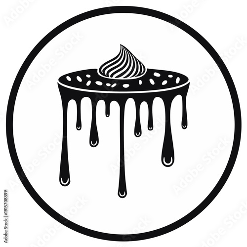 Stylized black and white cake illustration with frosting and dripping glaze inside a circle border