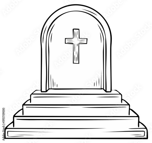 Tombstone illustration with cross symbol, hand drawn sketch