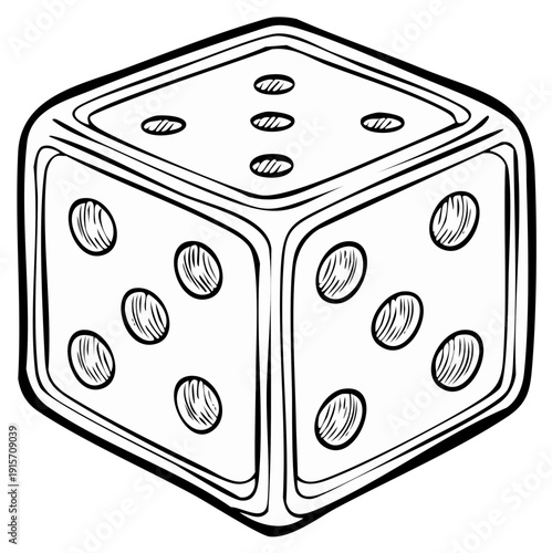 Line Drawing of a Single Six Sided Die Showing the Numbers Three Four and Five
