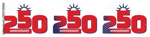 250 years America anniversary minimal typography set with red numbers, liberty symbol and stars. Independence day, USA 4th of July holiday stickers. Modern vector illustration isolated