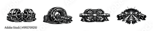 Particle collider machines collection: flat vector icons set for science and technology concepts