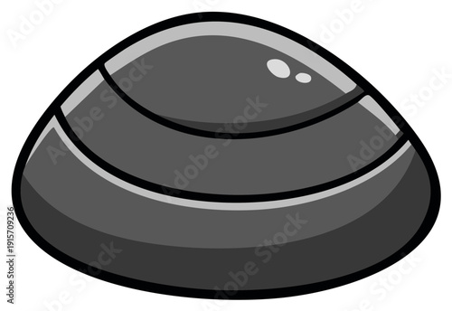 Grayscale cartoon illustration of a shiny clam shell. Simple bivalve mollusk icon for seafood or marine life themes