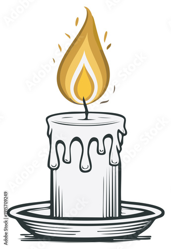 Cartoon candle illustration with a bright, flickering flame and melted wax in a simple design.