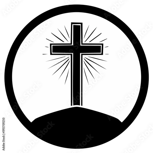 Christian cross silhouette on a hill within a circle radiating light symbolizing faith hope and salvation