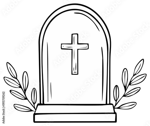 Tombstone with cross and foliage illustration