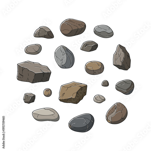 Collection of various sized and colored rocks arranged in a circular pattern