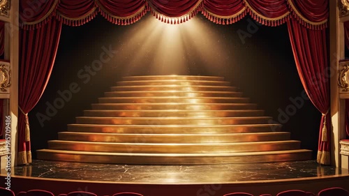 Elegant theater stage with golden staircase and red curtains under spotlight for luxurious celebrity event or awards ceremony presentation.