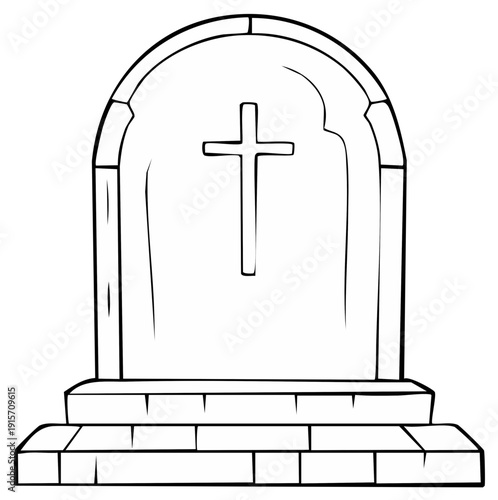 Tombstone illustration featuring a cross, vector outline of memorial grave marker.