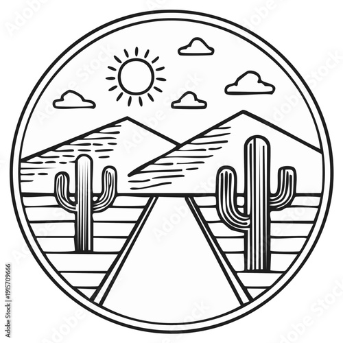 Circular desert landscape with cacti mountains and sun in a hand-drawn line art style