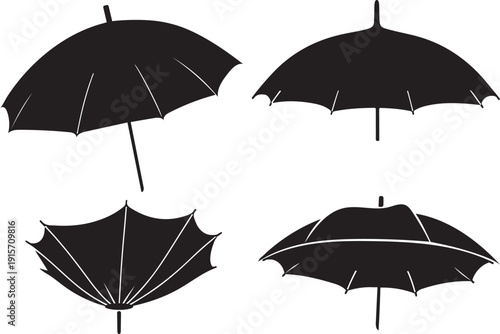 This vector illustration features a colorful set of open umbrella icons in various designs to provide protection from the rain and autumn weather