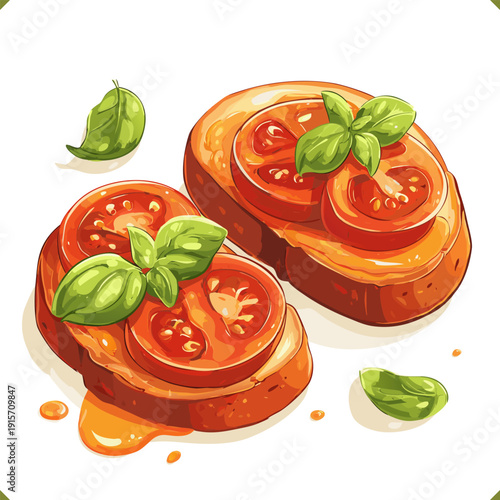 Vector illustration of tomato bruschetta with basil leaves on toasted bread, Italian appetizer isolated on a white background