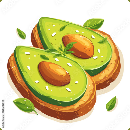 Vector illustration of avocado toast with seeds and fresh herbs, healthy breakfast or brunch food concept isolated on a white background