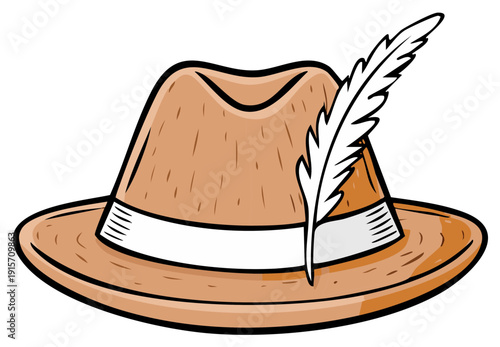 Oktoberfest traditional Bavarian hunter hat with a white feather vector graphic illustration