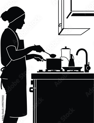 Woman cooking in kitchen silhouette