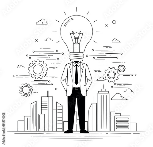 Line art illustration of a businessman with a lightbulb head depicting innovative business ideas for corporate strategy