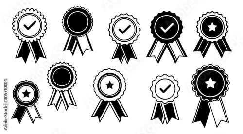 Line art and solid fill rosette badges set featuring checkmarks and stars for quality and achievement recognition