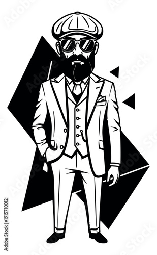 Stylized line art illustration of a bearded man depicting a dapper gentleman in a suit and flat cap for a vintage style concept