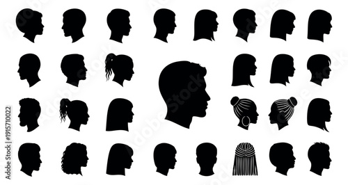 Silhouette people profile set featuring men, women, and children with diverse hairstyles for avatars and user interfaces