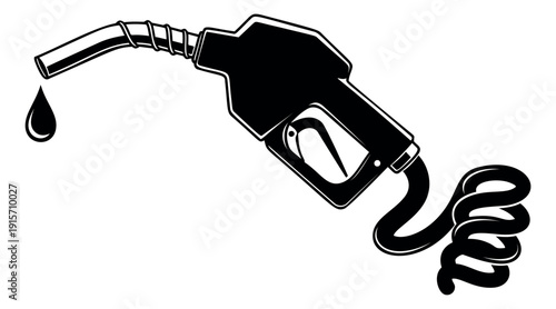 Graphic style illustration of a gas pump nozzle depicting a drop of fuel falling for energy and transportation concepts