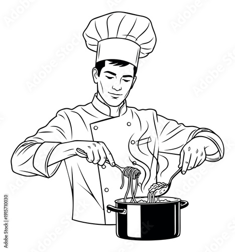 Line art illustration of a chef depicting cooking spaghetti for culinary design