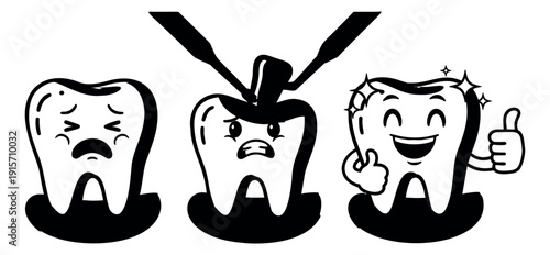 Hand drawn line art dental character set featuring a tooth with pain, a tooth undergoing treatment, and a healthy happy tooth for oral hygiene concepts