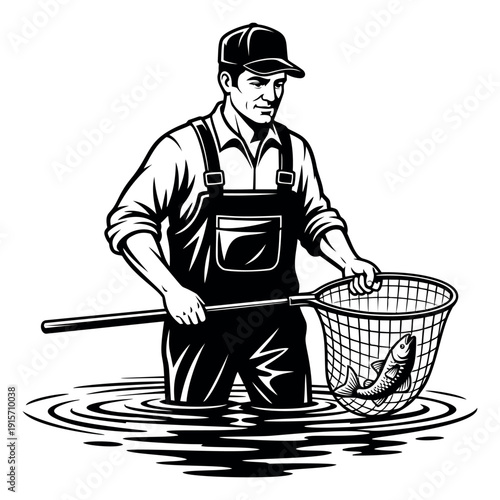 Line art illustration of a fisherman depicting a man standing in water holding a net with a fish for recreational angling