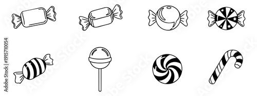 Hand drawn line art candy set featuring wrapped sweets, lollipops, and candy canes for dessert menus