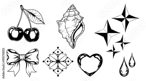 Hand drawn line art design elements set featuring cherries, a seashell, stars, a bow, a flower, a heart, and raindrops for creative projects