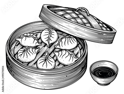 Line art dumplings set featuring a bamboo steamer and a dipping sauce bowl for Asian cuisine restaurants