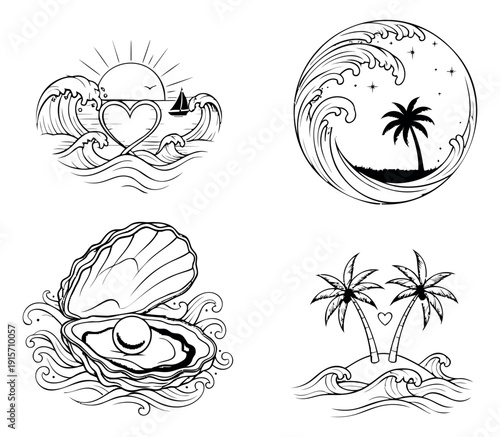Hand drawn line art ocean themed set featuring waves, palm trees, heart shapes, an oyster with a pearl, sun, and a sailboat for summer vacation and romantic travel designs