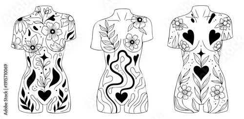 Hand drawn line art female busts set featuring floral and abstract patterns with hearts for modern decorative design