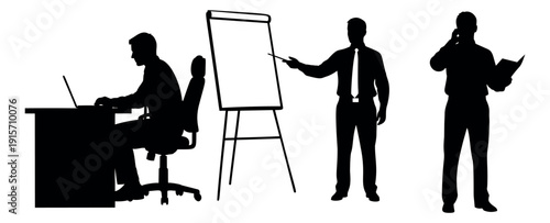 Silhouette businessmen set featuring men working, presenting, and communicating for office workflow