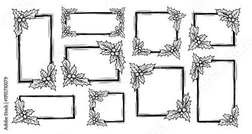 Hand drawn line art sketchy frames and corners set featuring holly leaves and berries for Christmas and winter holiday designs
