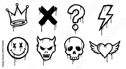 Graffiti style symbol set featuring a crown, skull, devil face, and other urban symbols for street art and graphic design