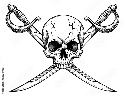 Hand drawn line art illustration of a skull with crossed sabers depicting a pirate symbol for design and emblems
