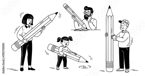 Hand drawn line art people set featuring different generations holding and using large pencils for creativity and education