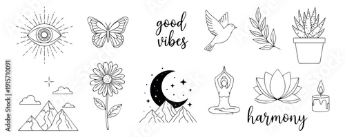 Hand drawn line art boho set featuring spiritual symbols, nature elements, and inspirational text for spiritual wellness and positive lifestyle