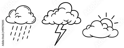 Hand drawn line art weather icons set featuring a rain cloud, a thunder cloud, and a sunny cloud for weather forecasts