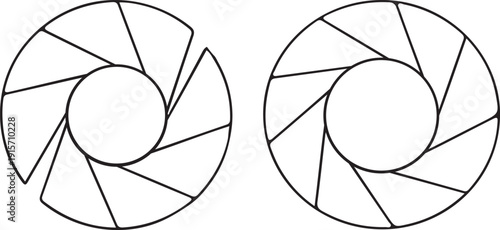 Vector graphic of two distinct camera lens apertures, illustrating adjustable mechanical iris diaphragms for precise light control in photography and optics