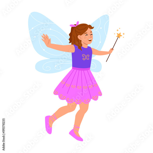Vector illustration of a cheerful girl in a fairy costume. Cartoon scene of a happy girl wearing a dress, wings behind, holding a magic wand, with outstretched arms isolated on white background.