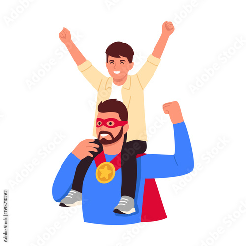 Vector illustration of superhero dad. Cartoon scene of a boy sitting on the shoulders of his dad wearing a blue suit, red cape, superhero mask, gold medal around his neck isolated on white background.
