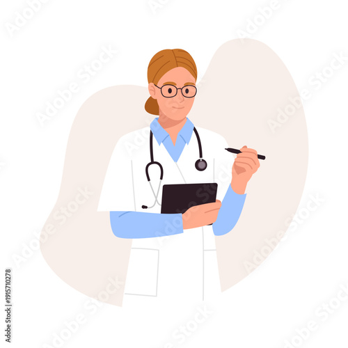 Vector illustration of a young female doctor wearing glasses. Cartoon scene of a woman in a white coat, blue shirt, stethoscope, holding a pen, a recording tablet isolated on a white background.