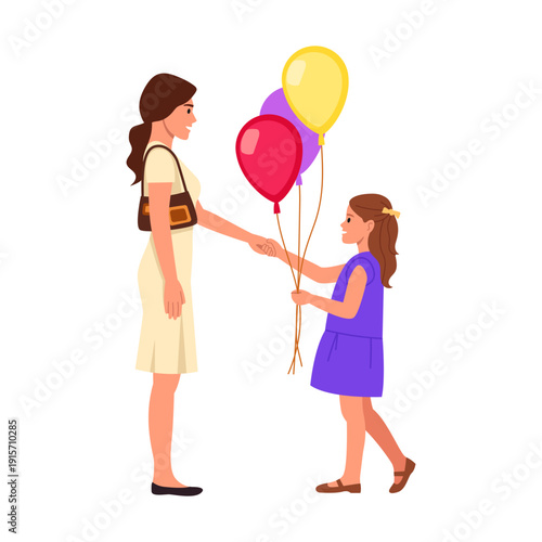 Vector illustration of a little girl holding her mother's hand and balloons. Cartoon scene of a joyful little girl holding colorful balloons, mother holding her hand isolated on white background.