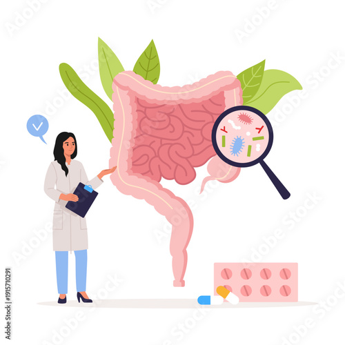 Vector illustration of intestinal examination. Cartoon scene of a doctor examining the health of the intestines, digestive system, magnifying glass, microorganisms, pills isolated on white background.