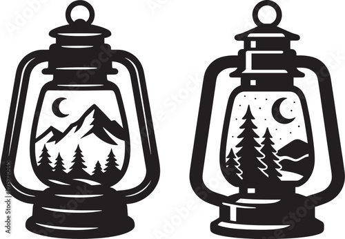 Two black silhouette camping lanterns with scenic mountain, moon, and forest night landscapes inside.