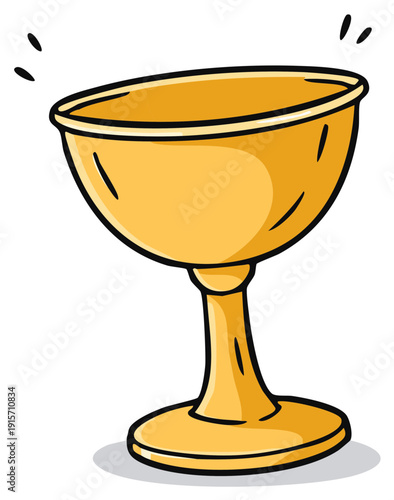 Golden goblet sparkling with light. Award trophy cup with stem and base in cartoon style.