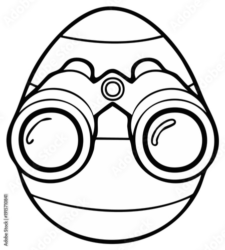 Egg-shaped character with binoculars, looking for a discovery, black and white illustration
