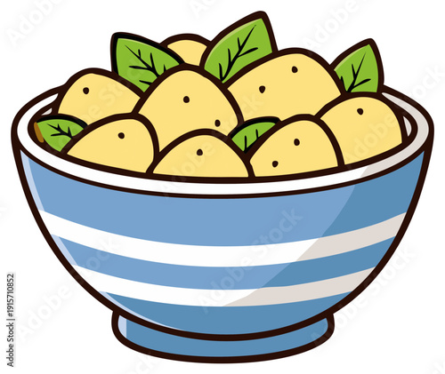 Delightful cartoon illustration of a blue striped bowl brimming with golden yellow food and fresh green leaves