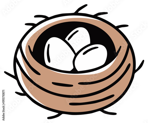 Cartoon bird nest with three white eggs simple graphic design vector illustration